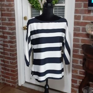 Ann Taylor Loft black and white stripe top 3/4 ragland sleeve Size Small EUC